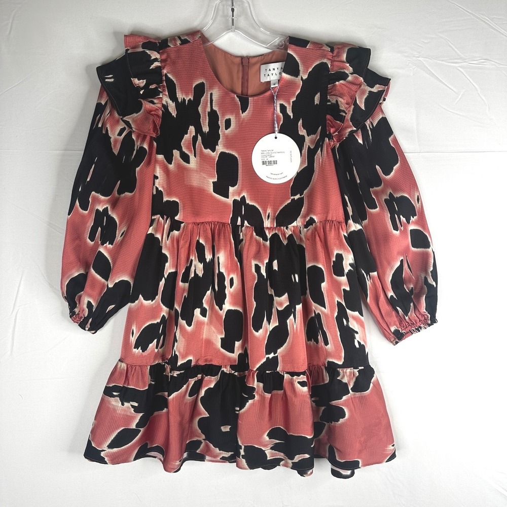 $245 Tanya Taylor Marisol Girls Mini Dress Garnet Abstract Long Sleeve NWT M